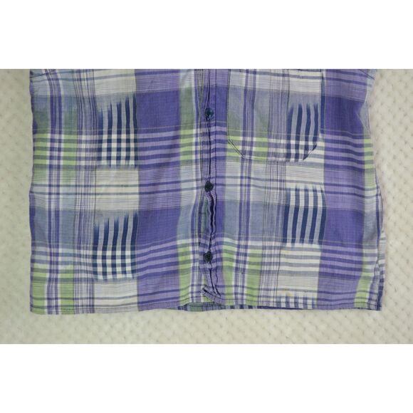 Guess Women's Small Purple Plaid Sleeveless Hooded Button Down Shirt - Picture 10 of 12
